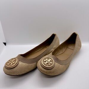 Tory Burch Ballet Flats Womens 5.5 Metallic Gold Caroline Slip On Shoes READ